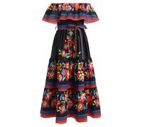 EFOGEP Robe mexicaine pour fille - Robe d'été bohème florale - Épaules dénudées - Traditionnelle Cinco De Mayo Fiesta - Robe folklorique bohème - Robe longue avec ceinture, Noir , 11-12 ans