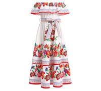 EFOGEP Robe mexicaine pour fille - Robe d'été bohème florale - Épaules dénudées - Traditionnelle Cinco De Mayo Fiesta - Robe folklorique bohème - Robe longue avec ceinture, Blanc., 6-7 ans