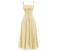 EFOGEP Robe Midi à Corset Floral pour Femmes Robe d'été Boho Robe sans Manches à Bretelles Trapèze à Encolure Carrée Fendue Dentelée Robe de Plage Décontractée Le Mariage et la Fête Jaune Clair M