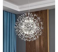 EFPD Lustre en cristal, pissenlit, lustre moderne à 12 lampes en forme de feu d'artifice, lustre en acier inoxydable argenté pour salle à manger, chambre à coucher, salle de séjour, chambre de fille