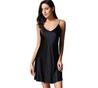 EFRJUWI Chemise de Nuit en Soie for Femme, Nuisette, col V, Bretelles Spaghetti(Black,L)