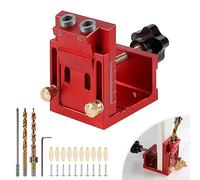 EFUTURETIME Gabarit de Perçage Oblique, 15° Gabarit de Trou de Poche Réglable et Démontable avec 2 HSS Mèche de φ9mm, 10 vis Autotaraudeuse et 10 Bouchons pour Travail du Bois, Rouge