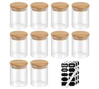 EFUTURETIME Lot de 10 Bocaux en Verre de 200ml, 8.8*6.5*6.5cm, Pot à Épice Hermétique avec Couvercle en Bambou, Boîte Rangement Cuisine avec Étiquette, Bocal de Conservation pour Céréales Noix Poudre