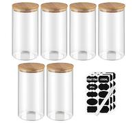 EFUTURETIME Lot de 6 Bocaux en Verre de 1300ml, 20.8*10*10cm, Pot à Épice Hermétique avec Couvercle en Bambou, Boîte Rangement Cuisine avec Étiquette, Bocal de Conservation pour Céréales Noix Poudre