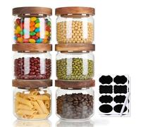 efuturetime Lot de 6 Bocaux en Verre Hermetiques avec Couvercle en Bois 350ml, Pot en Verre Empilables Bocaux de Rangement Cuisine pour Muesli, Céréales, Cornflakes, Thé, Pâtes, Haricots, Épices