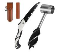 EFUTURETIME Tarière Manuelle Bushcraft φ25 × 160mm avec Étui en Cuir Marron | Perceuse à Main en Acier, Scie Pliante à Élaguer 180mm, Outil de Survie pour Aventure Extérieure, Camping, Travail du Bois