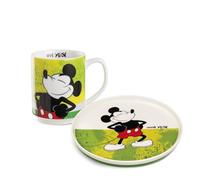 Egan Assiette à dessert + tasses empilables - Collection Mickey & Minnie Mouse I AM | En porcelaine anglaise | Passe au lave-vaisselle et au micro-ondes | Ensemble café et collation pour petit