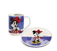 Egan Assiette latérale + tasses empilables - Collection Mickey et Minnie Mouse I AM | En porcelaine anglaise | Passe au lave-vaisselle et au micro-ondes | Ensemble café et collation | Cadeau pour les