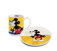Egan Assiette latérale + tasses empilables - Collection Mickey et Minnie Mouse I AM | En porcelaine anglaise | Passe au lave-vaisselle et au micro-ondes | Ensemble café et collation | Cadeau pour les