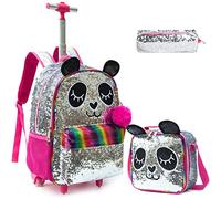 Egchescebo Sac à Dos a Roulette Pour Enfant Fille D'école Panda Scolaires Cartables et Trousses Grande Capacité avec Cartable Ecole Primaire Chariot pour Cartable de Voyage Valise 17” Rouge Argenté