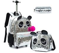 Egchescebo Sac à Dos a Roulette Pour Enfant Fille D'école Panda Scolaires Cartables et Trousses Grande Capacité avec Cartable Ecole Primaire Chariot pour Cartable de Voyage Valise 17" Noir Argenté