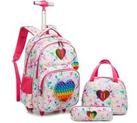 Egchescebo Sac à Dos Avec Roues Pour Filles Enfants Élève du Primaire,D'école Bagages De Voyage Avec Roues Lunch Et Étui à Crayons, 3PCS Roulettes Heart Toy de 16 po Pour Filles