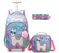 Egchescebo Sac à Dos Avec Roues Pour Filles Enfants Élève du Primaire D'école Bagages De Voyage Avec Roues 3PCS 17” Lunch Et Étui à Crayons Enfants Sac à Roulettes à Agneau Bleu Pour Filles