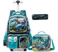 Egchescebo Sac à Dos Avec Roues Pour Garçons Enfants Élève du Primaire D'école Bagages De Voyage Avec 3PCS 17” Lunch Et Étui à Crayons à Roulettes Enfants Pochette Multifonctionnelle Voitures Pour