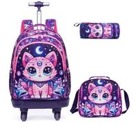 Egchescebo Sac a Dos Enfant à Cartable Cabine Roulette Fille Primaire Valise École Maternelle Sacs D'école pour Voyage de Bagages Cartable 18” 3PCS Ensemble Molette Défilement Rotative Chat Violet