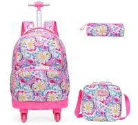 Egchescebo Sac a Dos Enfant à Cartable Cabine Roulette Fille Primaire Valise École Maternelle Sacs D'école pour Voyage de Bagages Cartable 18” 3PCS Ensemble Molette Défilement Rotative Fleurs Rouge