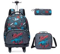 Egchescebo Sac a Dos Enfant à Cartable Cabine Roulette Garçon Primaire 18” Valise École Maternelle Sacs D'école pour Voyage de Bagages Cartable 3PCS Ensemble Molette Défilement Rotative Dinosaure Bleu