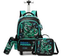 Egchescebo Sac a Dos Enfant Cartable Cabine Roulette Garçons Primaire Valise École Maternelle Sacs à D'école pour Voyage Ensemble Boîte à Lunch et Trousse Crayons Étudian Simple Poches Dinosaures Vert