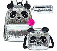 Egchescebo Sac a dos Pour Sport Enfants Cartable Fille Livre Primaire Voyage Panda en Perles Travel Bag Personnalisé Enfant D'école Avec Boîte à Lunch et Pochette à Crayons de 17" 3PCS Argent et Noir