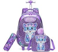 Egchescebo Sac a Dos Roulette Fille Enfant Cartable Cabine Primaire Valise École Maternelle Sacs à D'école pour Voyage de Bagages Ensemble Adolescents Grand Étudian Simple Poches Chat Violet