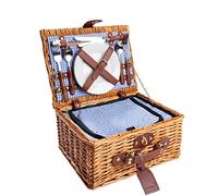 eGenuss Panier de Pique-Nique en Osier Naturel Bleu - 2 Personnes - Service Complet avec Vaisselle en Céramique & Verres à Vin - Grand Compartiment Isotherme
