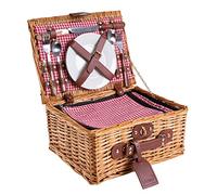 eGenuss Panier de Pique-Nique en Osier Naturel Rouge - 2 Personnes - Service Complet avec Vaisselle en Céramique & Verres à Vin - Grand Compartiment Isotherme