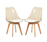 EGGREE Lot de 2 Chaises de Salle à Manger Scandinaves en Bois de Hêtre Testées SGS, 2 Ensembles de Chaises de Cuisine avec Coussins de Siège en Cuir Blanc et Dossier Transparent Marron