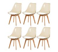 EGGREE Lot de 6 Chaises de Salle à Manger Scandinaves en Bois de Hêtre Testées SGS, 6 Ensembles de Chaises de Cuisine avec Coussins de Siège en Cuir Blanc et Dossier Transparent Marron