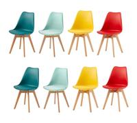 EGGREE Lot de 8 Chaise Gros Commerce Salle à Manger Scandinaves SGS Tested,Rembourrée de Cuisine, Rétro Chaise de Bureau avec Pieds en Bois de Hêtre Massif, 2 Jaune+2 Rouge+2 Vert Menthe+2 Turquoise