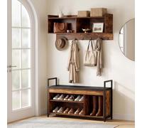 EGGREE Meuble d’Entrée, ANC à Chaussures et Porte-Manteau Mural Ensemble | 30 cm de fond, 7 patères, 2 niches, banc rembourré, tablette réglable et compartiment pour bottines, Marron Rustique et Noir