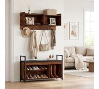 EGGREE Meuble d’Entrée, Banc à Chaussures et Porte-Manteau Mural Ensemble | 30 cm de fond, 7 patères, 2 niches, banc rembourré, tablette réglable et compartiment pour bottines, Marron Rustique et Noir