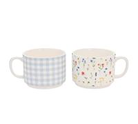 Eggs-traordinary Gifting - Lot de 2 tasses empilables en céramique - Motif vichy et fleur - Capacité de 320 ml - Thé, café et boissons chaudes Printemps/Pâques Décoration d'intérieur et articles