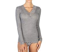 EGI Maillot Femme à Manches Longues en Micro Laine Côtes Col V et Poignets en Dentelle, gris, X-Large