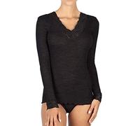 EGI Maillot Femme à Manches Longues en Micro Laine Côtes Col V et Poignets en Dentelle, Noir , XL