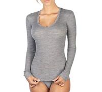 EGI Maillot Femme Manches Longues Micro Laine Côtes Bords Encolure et Poignets Dentelle, gris, S-M