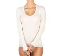EGI Maillot Femme Manches Longues Micro Laine Côtes Bords Encolure et Poignets Dentelle, Laine blanche., L/XL