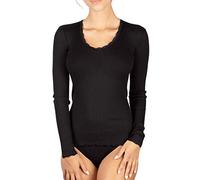 EGI Maillot Femme Manches Longues Micro Laine Côtes Bords Encolure et Poignets Dentelle, Noir , L/XL