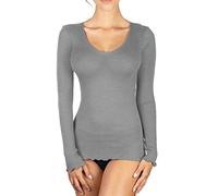 EGI Maillot pour femme à manches longues côtelées en laine 85 % et soie 15 % avec bord plissé, gris, S-M