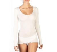EGI Maillot pour femme à manches longues côtelées en laine 85 % et soie 15 % avec bord plissé, Laine blanche., L/XL