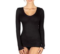 EGI Maillot pour femme à manches longues côtelées en laine 85 % et soie 15 % avec bord plissé, Noir , L-XL