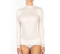 EGI Pull femme à manches longues en micro-laine côtelée avec col montant et poignets en dentelle, bleu, S-M