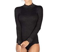 EGI Pull pour femme à manches longues en micro-laine côtelée avec col montant et poignets en dentelle, Noir , L-XL