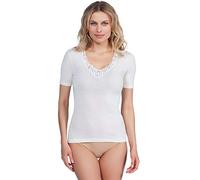 EGI ® T-shirt à manches courtes en laine mérinos de luxe pour femme (XS à XXL). Fabriqué en Italie., Blanc cassé/bordure macramé, Taille XS