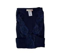 EGI T-shirt pour femme à manches longues en microfibre côtelé col en V et poignets en dentelle, bleu, S-M