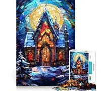 Église d'hiver en vitrail, Puzzle de 1000 pièces pour Adultes, Jeu de logique et de complicité, Finition Premium, Cadeau Premium 50x75cm