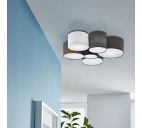 Eglo Luminaire plafonnier Pastore, lustre en textile avec 6 abat-jour, lampe de plafond en tissu blanc, marron, gris et noir, douille E27