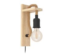 Eglo Applique murale Rampside, lampe murale vintage 1 flamme au design industriel, spot mural en acier et bois, couleur : noir, marron, douille : E27, avec interrupteur câble