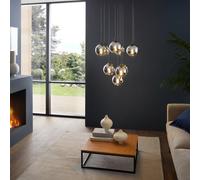 Eglo Suspension luminaire Ariscani, lampe de plafond suspendue à 10 flammes, grappe de pendentifs, lustre salle à manger en métal Noir et verre fumé Noir transparent, douille E27, Ø 65,5 cm