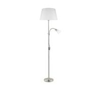 Eglo Lampadaire Conesa, lampadaire 2 flammes, lampe sur pied en métal nickel mat, tissu blanc et verre, lampe salon, lampadaire plafonnier avec liseuse, E27, E14