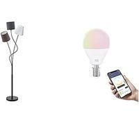 Eglo Lampadaire Newtown, lampe de sol avec 3 ampoules LED E14 connectées connect.z, lampe de salon dimmable en acier noir et tissu en anthracite, blanc et marron, RGB, blanc chaud - froid